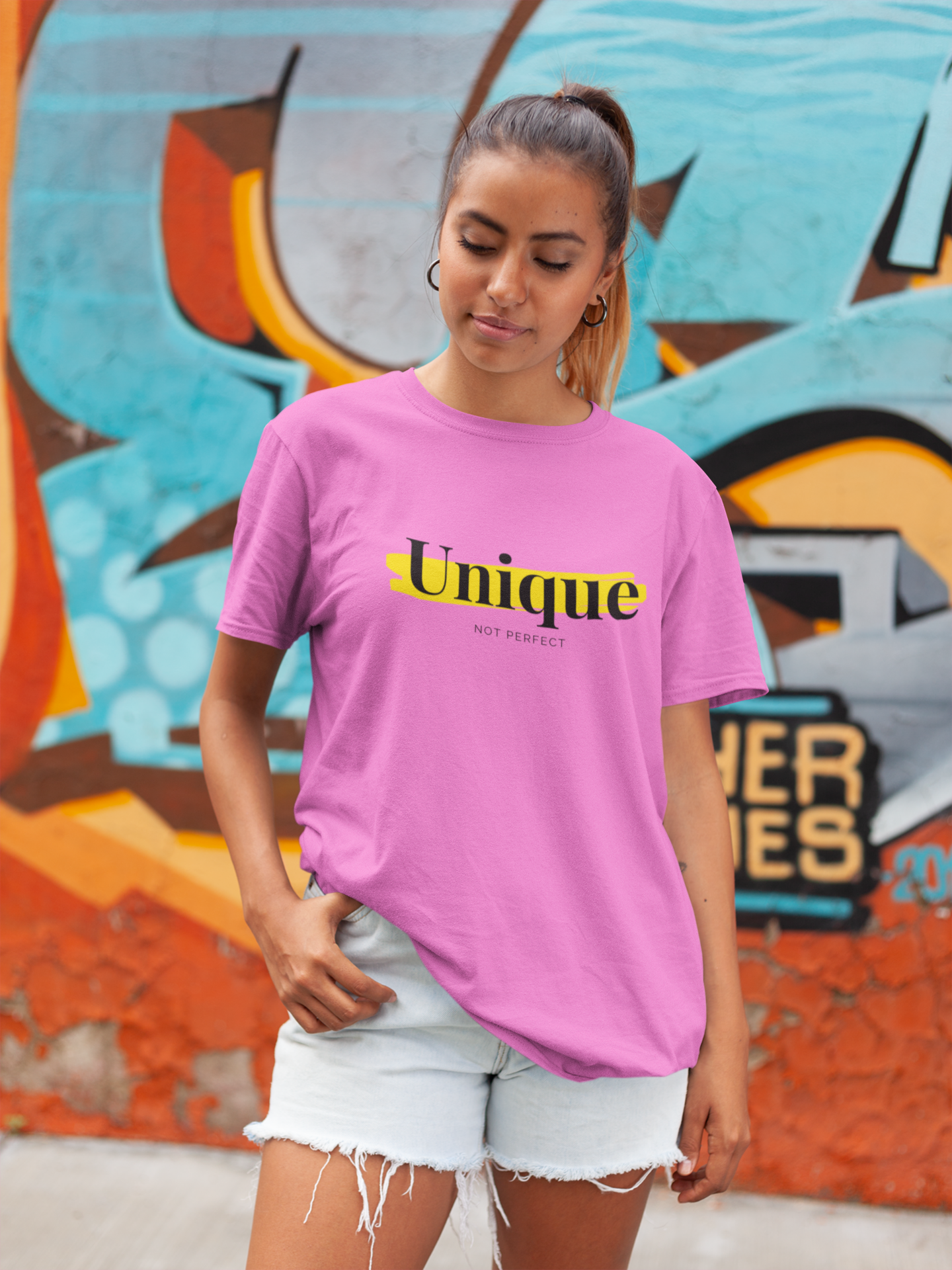"Unique.  Not Perfect" - Unisex t-shirt (Pink)